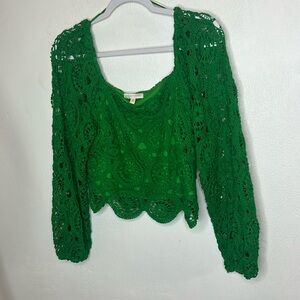 Vici Flying Tomato Boho Festival Cropped green crochet long sleeve top medium